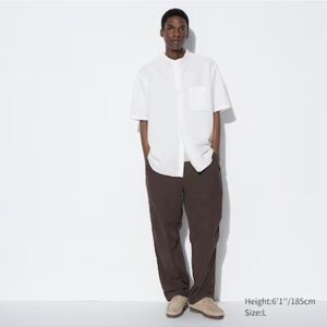 COTTON LINEN STAND COLLAR SHORT SLEEVE SHIRT